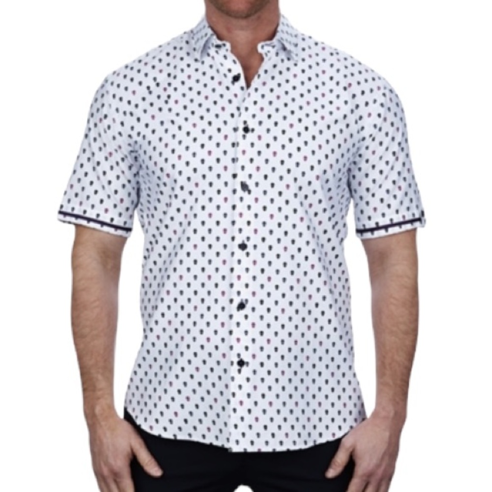 Maceoo Galileo men’s white pink multi skull print short sleeve button down small